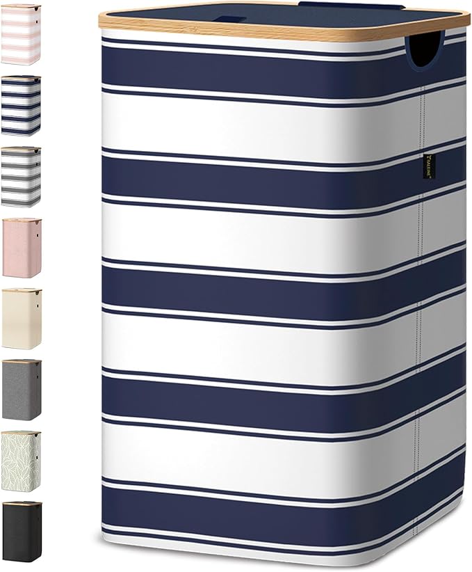 BALEINE Laundry Hamper with Lid, Tall Laundry Baskets with Bamboo Pull Handles
