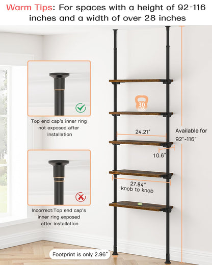ALLZONE Adjustable Tall Narrow Bookshelf, 5-Tier Floor-to-Ceiling Tension Mount Ladder Book Shelf with Storage for Versatile Uses, Fits 92-116 Inch Ceilings, 27.84-Inch Wide Wood Shelves, Rustic Brown