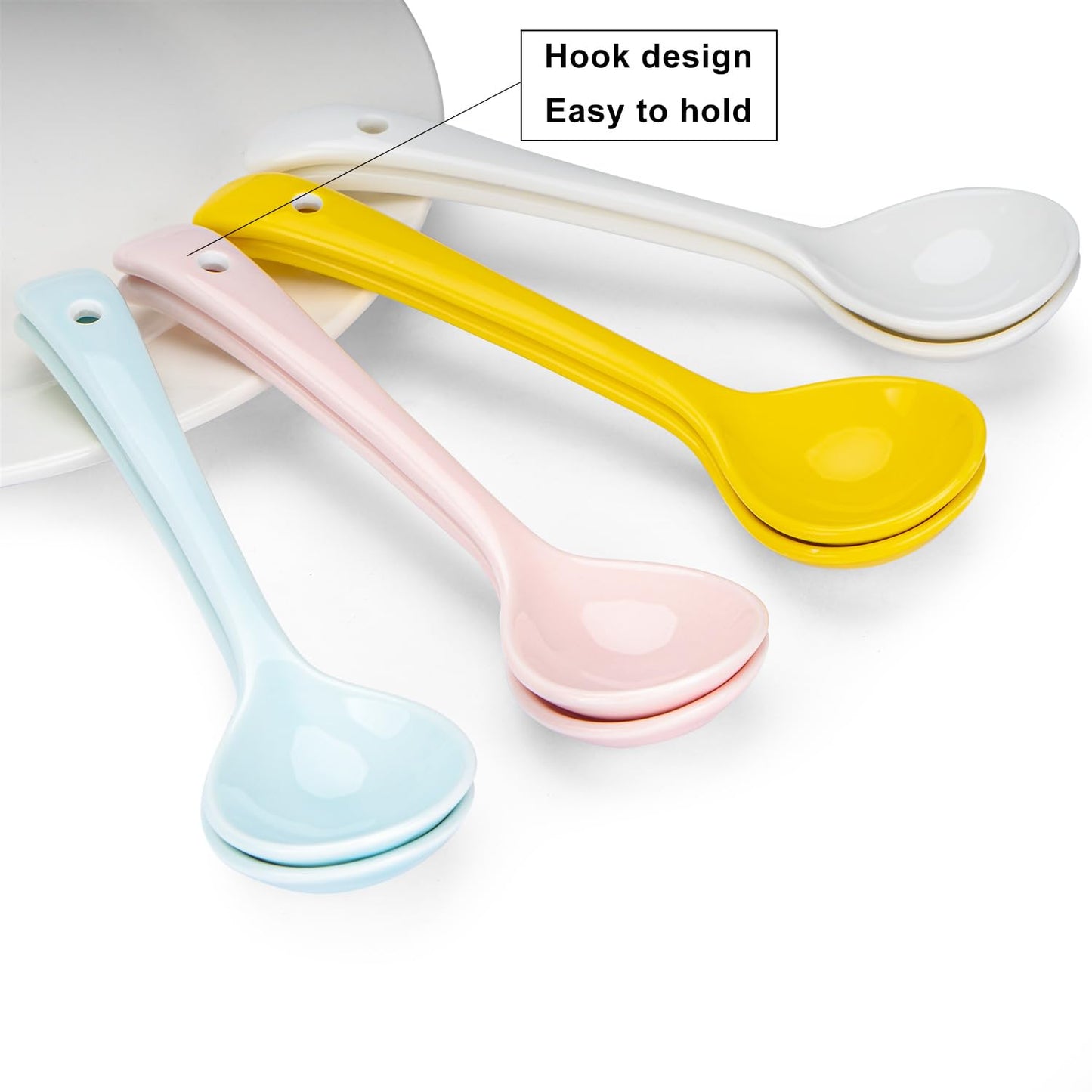 Ceramic Spoons Set of 8, Ceramic Chinese Soup Spoon, Asian Soup Spoons, White/Blue/Yellow/Pink Japanese Spoon Large for Ramen Pho Wonton Dumpling Miso, Deep Oval Hook Design (8, 4-Color)