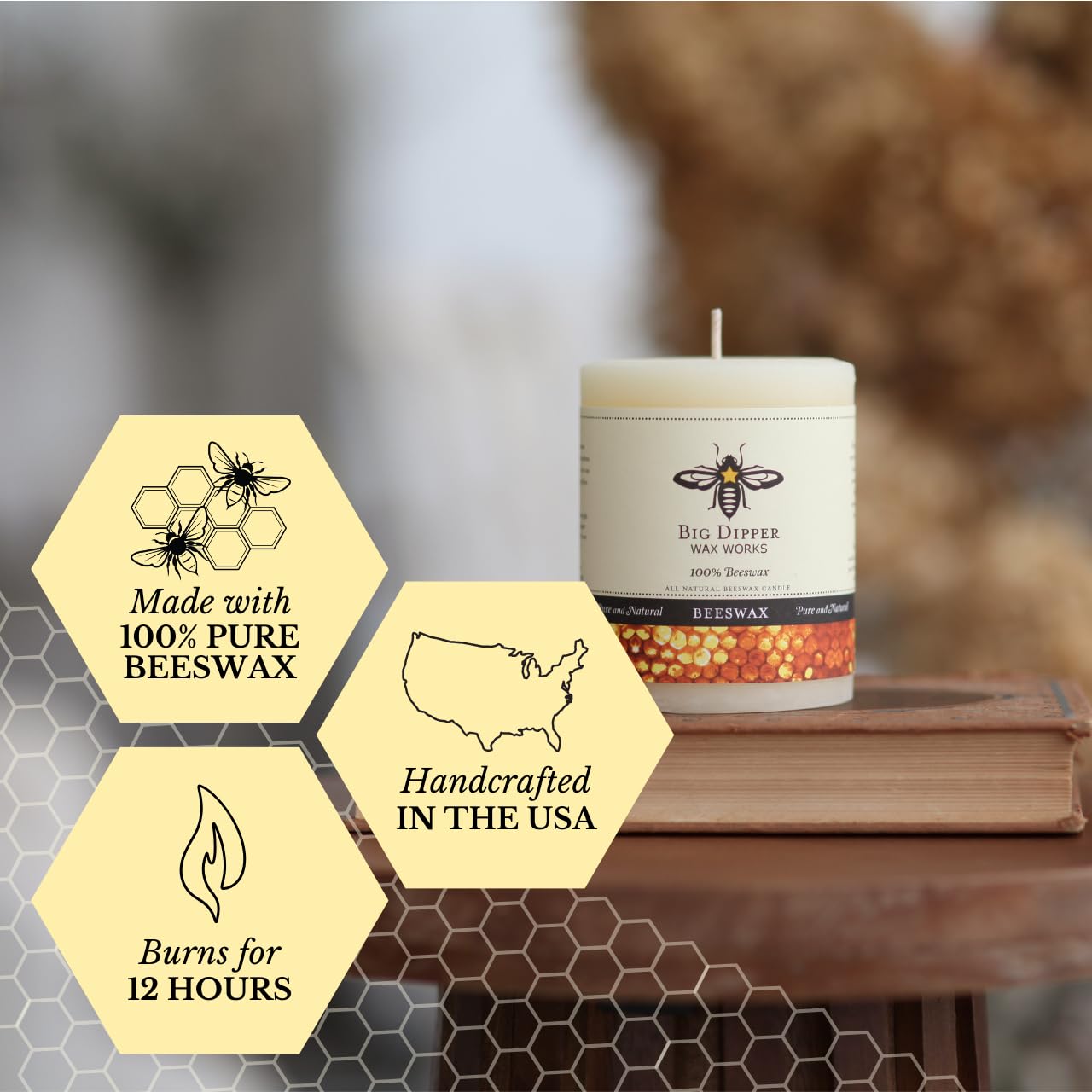 Big Dipper Wax Works Ivory Beeswax Pillar Candle 3" x 3.5" – 60-Hour Burn, Non-Toxic & Clean Burning, Pure Beeswax, Handmade in USA