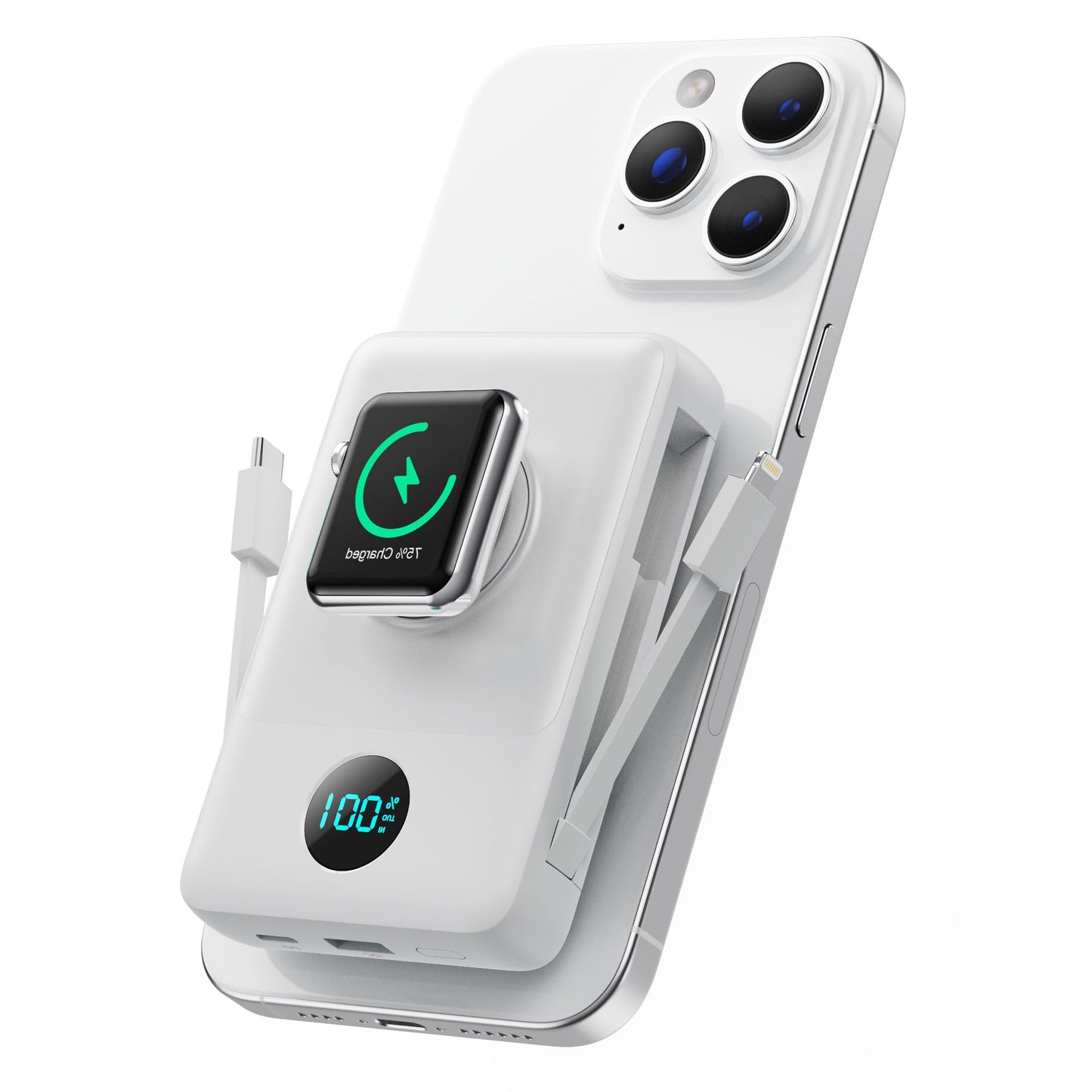 Magnetic Portable Charger for iPhone with Built-in Cables, 6-in-1 10800mAh Power Bank with iWatch Charger & LCD Display,25W PD Fast Charging Battery Pack for Magsafe,iPhone 16/15/14/13/12,Apple Watch