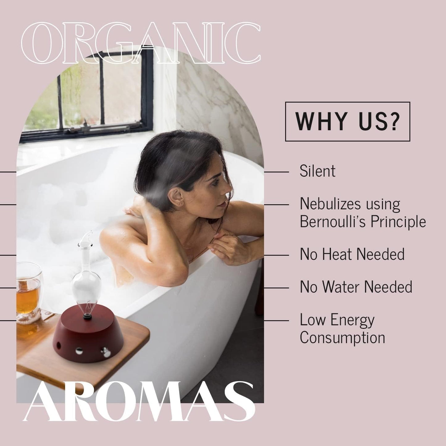 Organic Aromas Elegance Aromatherapy Diffuser for Essential Oil, Waterless Glass Nebulizer w/Auto-Off Switch, BPA Free - Lightwood