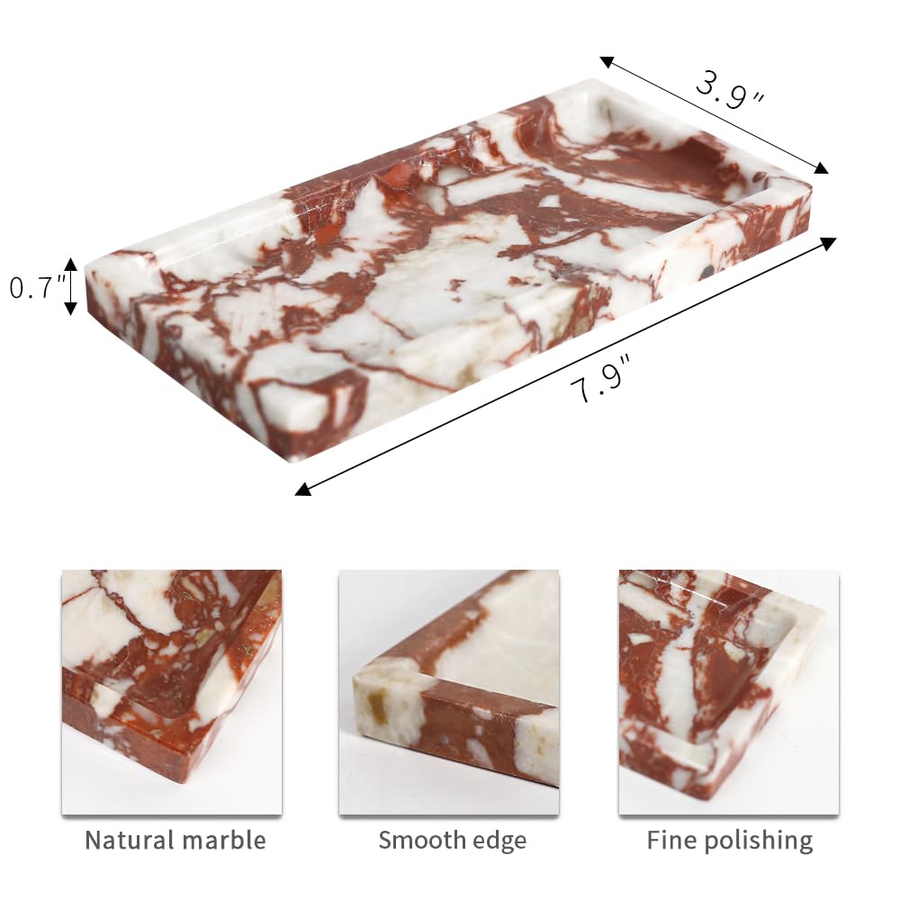 Small Marble Bathroom Tray, Real Marble Vanity Tray, Natural Stone Organizer for Countertop, Mini Marble Organizer for Jewelry Perfume Towel, Non-Resin Non-Ceramic (Calacatta Red 7.9" x 3.9" x 0.7")