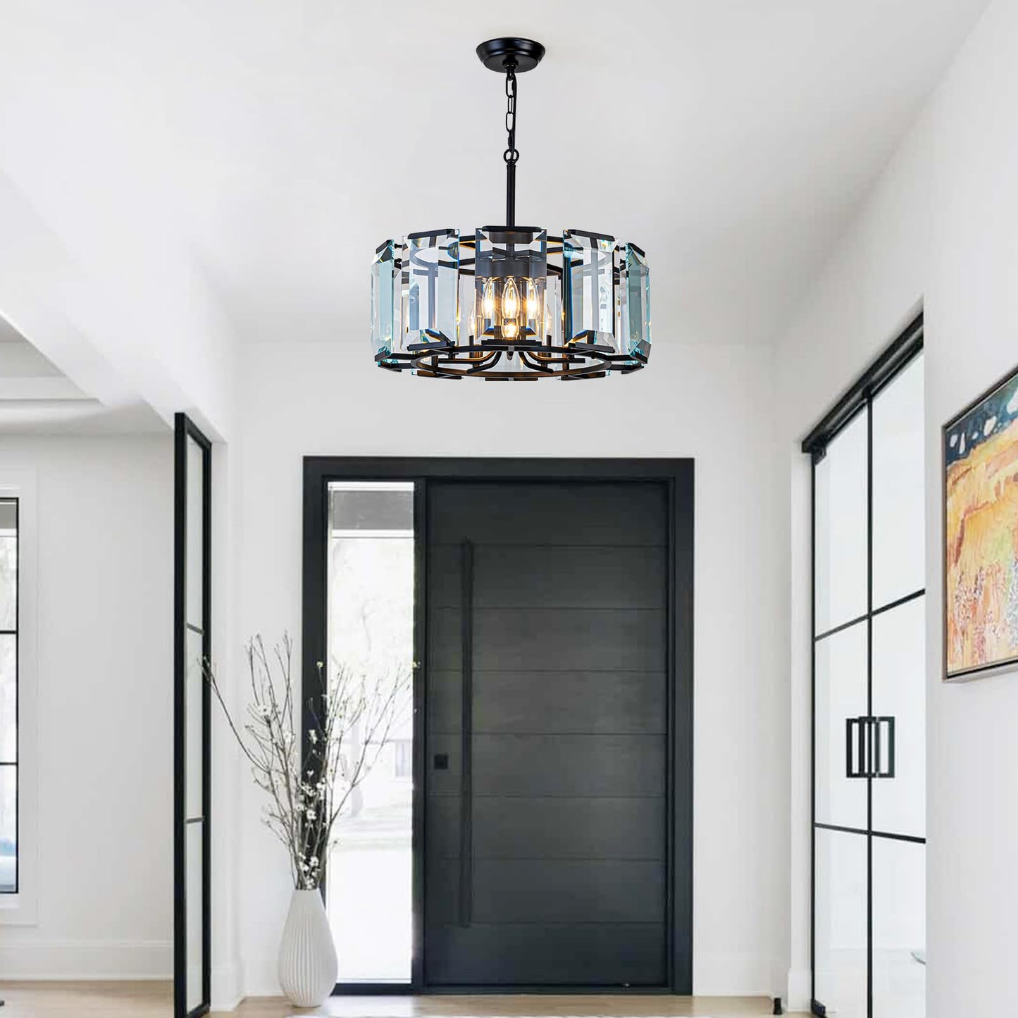ASHUAQI 20" Modern Crystal Chandelier for Dining Room, 5-Light Black Glass Chandelier, Round Crystal Pendant Light Fixture for Kitchen Island Living Room Entryway Foyer Hallway