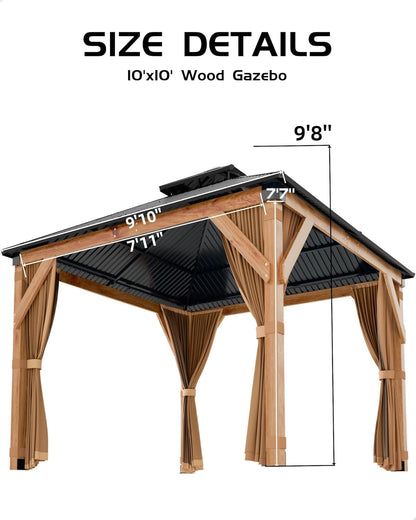 GAOMON Hardtop Spruce Wood Gazebo 10'x10', with Double Roof of Metal Sheets, 4.7'' Heavy Duty Poles, Net, and Curtain, Permanent Building for Patio, Deck, Backyard, Lawn, and Garden, Khaki