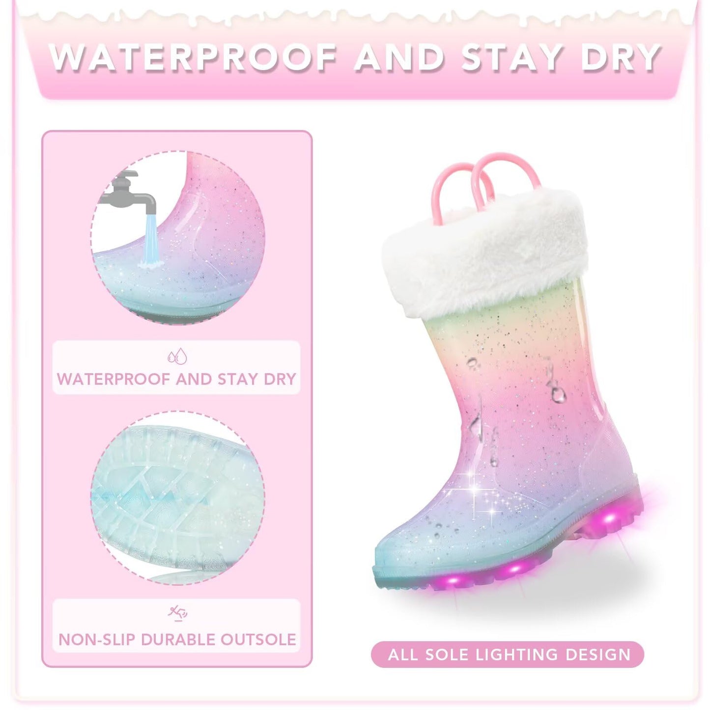 Kids Wellies with Warm Fuzzy Lining, Light Up Glitter Winter Boots, Handle it Easy on Wellington Boots Size 11