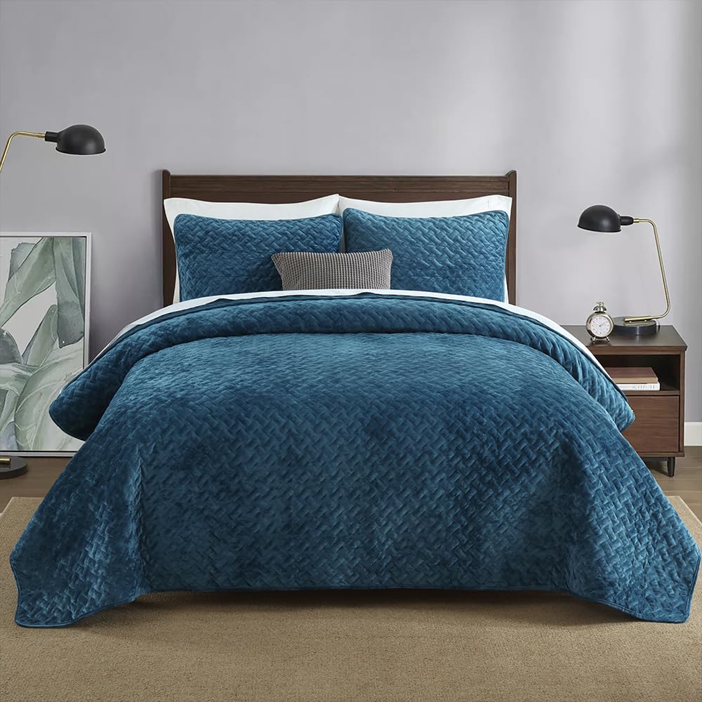 Liians Velvet Bedspread Quilt Bedding Sets,Luxury Elegant Ultra Soft Velvet Comforters Coverlet Blankets,Weave Stitching Pattern Cotton Quilted Bedspread for All Seasons,Azure Blue,Queen Size