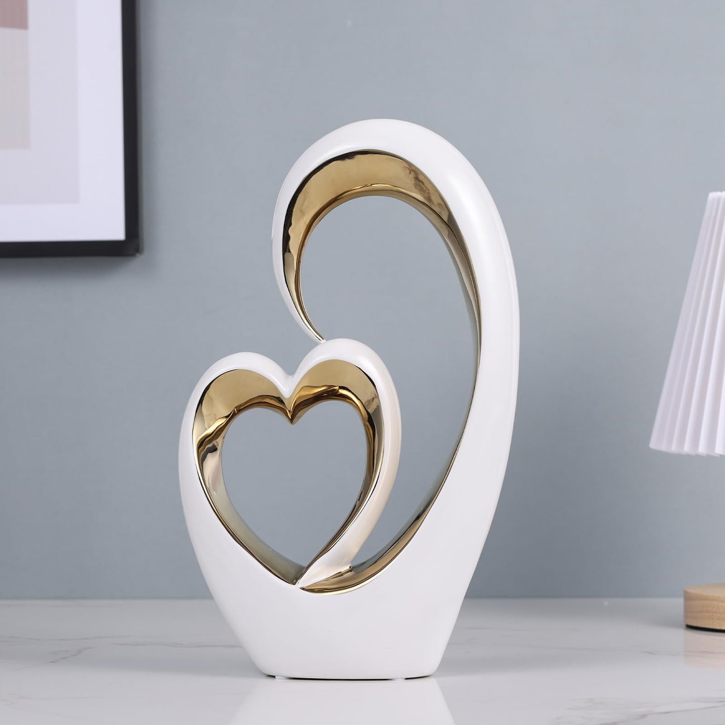 Oliruim White Gold Ceramic Heart Statues - Abstract Home Sculptures for Bedroom, Wedding, Valentine Decor & Gifts for Women