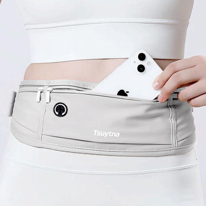 TSUYTNA Running Belt for Women & Men - Slim Phone running belt with Water-Resistant Phone Holder, 3 pockets Adjustable Waist Strap, Reflective Safety Design for Running, Hiking, Travel，Fitness (Grey)