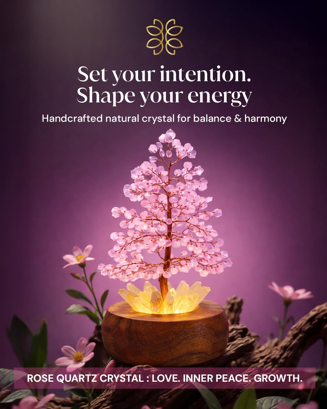 Rose Crystal Tree of Life with LED Light, Handcrafted Gemstone Bonsai on Quartz Base & Acacia Wood Stand – Spiritual Home & Office Décor, Feng Shui,Gift for Women