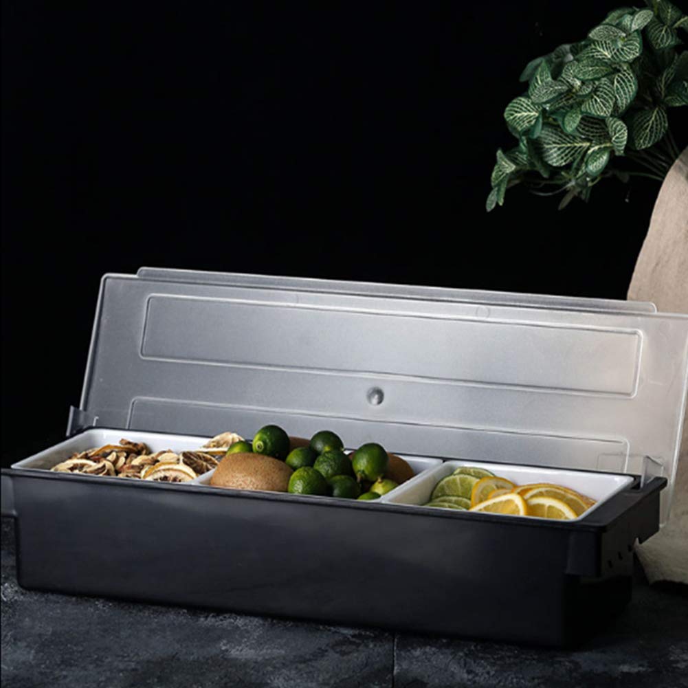 FEOOWV Fruit Veggie Condiment Caddy with Lid, 3 Compartment Plastic Dispenser Tray for Catering Dips Toppings, Serving Taco, Ice Cream, Fruit, & Salad Bar Garnish Organizer for Restaurant Supplies