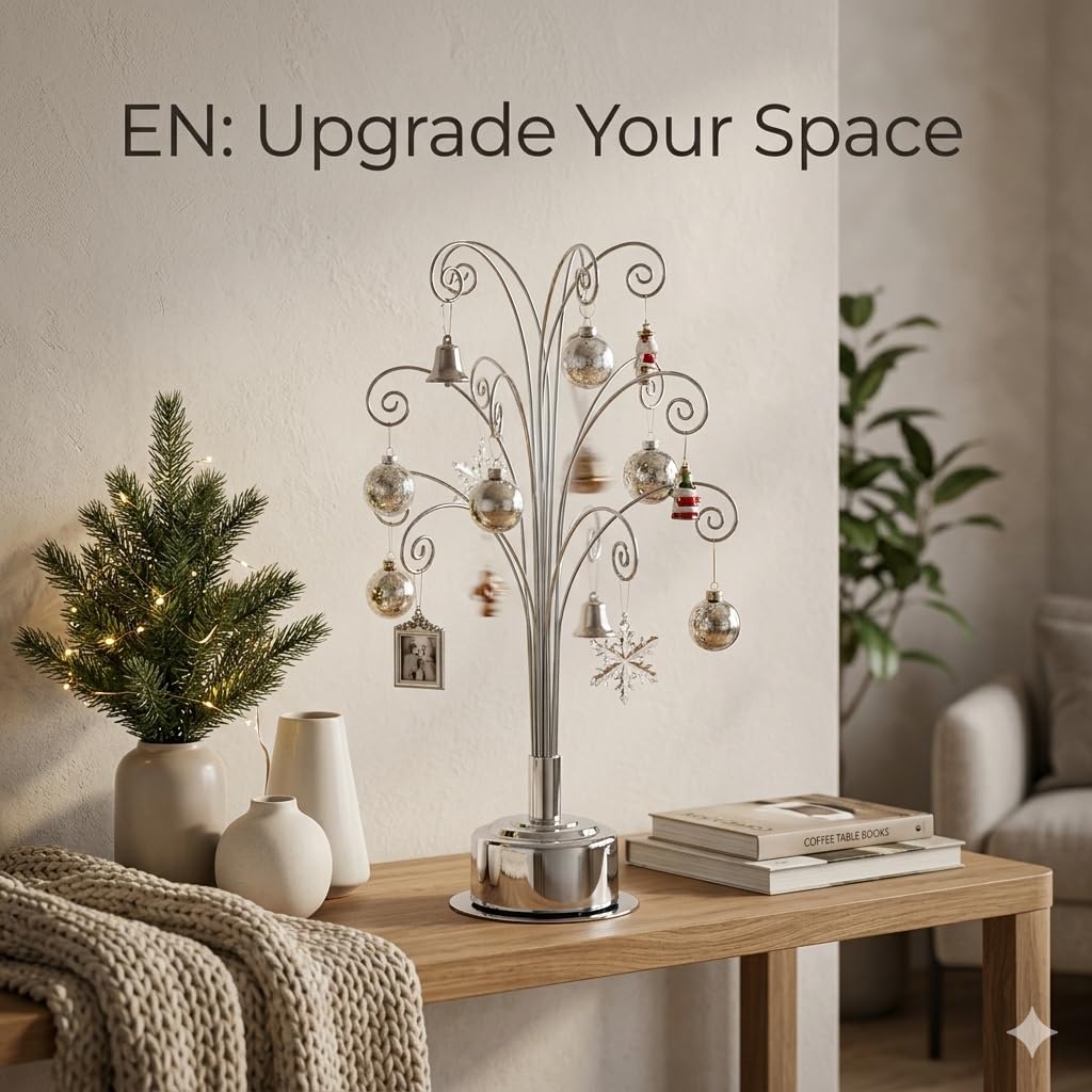 HOHIYA 360° Rotating Ornament Display Stand 15 Hooks Tabletop Christmas Tree Ornament Holder Metal Hanging Display Rack for Crystal Glass Baubles Jewelry and Home Decor Chrome Silver
