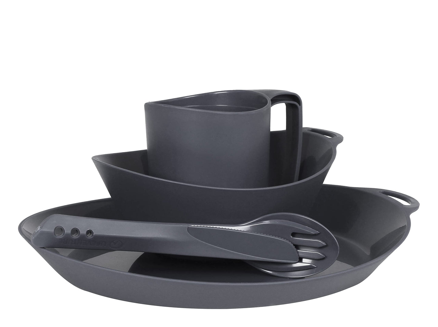 Lifeventure Ellipse Reusable 4-Piece Tableware Set: Knife/Fork/Spoon, Plate, Bowl, Mug For Camping, Travel & Outdoor - Graphite