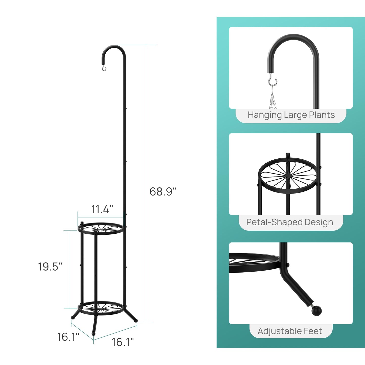 2-Tier Hanging Plant Stand, Heavy Duty Metal Planter Rack - Space Saving Indoor/Outdoor Shelves with 41" Hanging Space - Display Multiple Flower Pots, Tall Iron Plant Organizer for Living Room, Patio & Garden