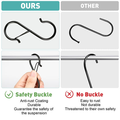 12 Pcs S Hooks for Hanging Heavy Duty, 3.5-inch Heavy Duty Metal S Hook with Safety Buckle, Suitable for 0.5 inch Rods, S Hook for Hanging Plants, Closet, Kitchen Utensil, Pot, Pan, Bags