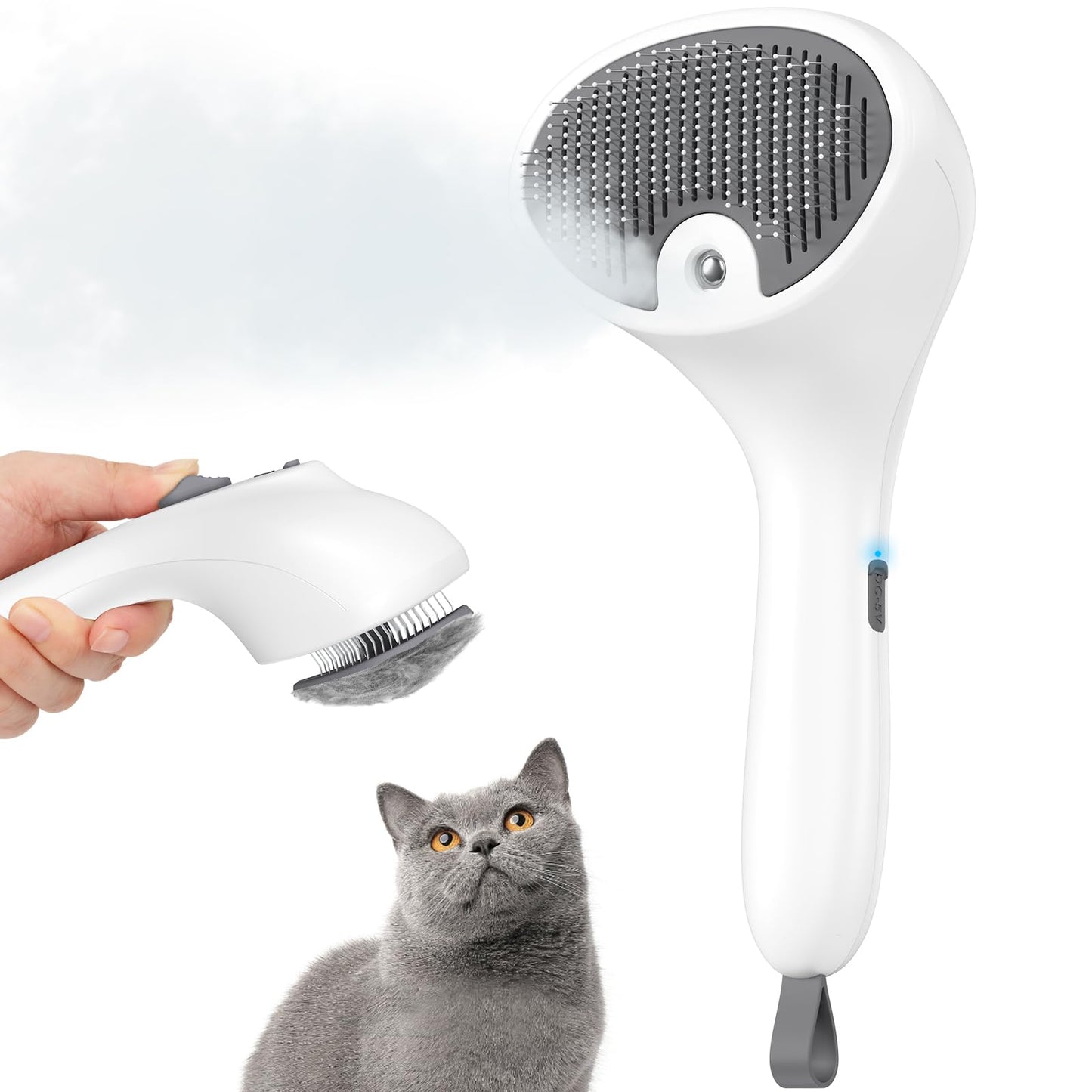 Euqvunn Steam Cat Brush with Release Button, [Ultra-Quiet Design/Comfort-Grip Handle] Pet Spray Dog Brush, Rechargeable Pet Steam Brush for Long Short Hair Cats, Dogs, Rabbits Grooming(Gray-White)