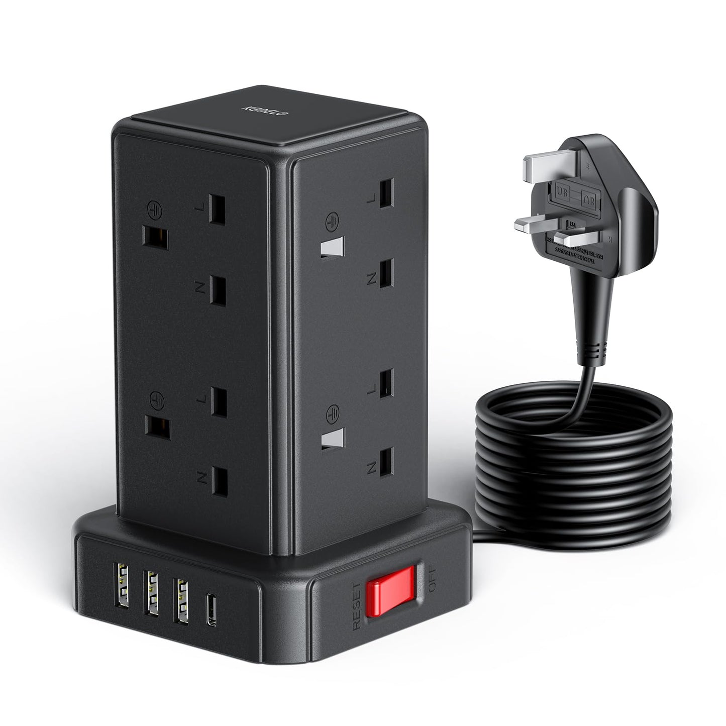 Kemelo Tower Extension Lead with 8 Way Multi Plug & 4 USB Ports (13A 3250W), Mini Power Strip with Switch, 2M Extension Cable Surge Protection for Home, Kitchen, Office