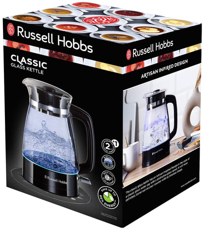 Russell Hobbs Kettle Glass [1.7 L, 2400 W, Optimised Design Spout Made of Glass, LED Lighting] Classic Design (Quick Boil Function, Removable Lid, Limescale Filter, Stainless Steel Base) 26080-70