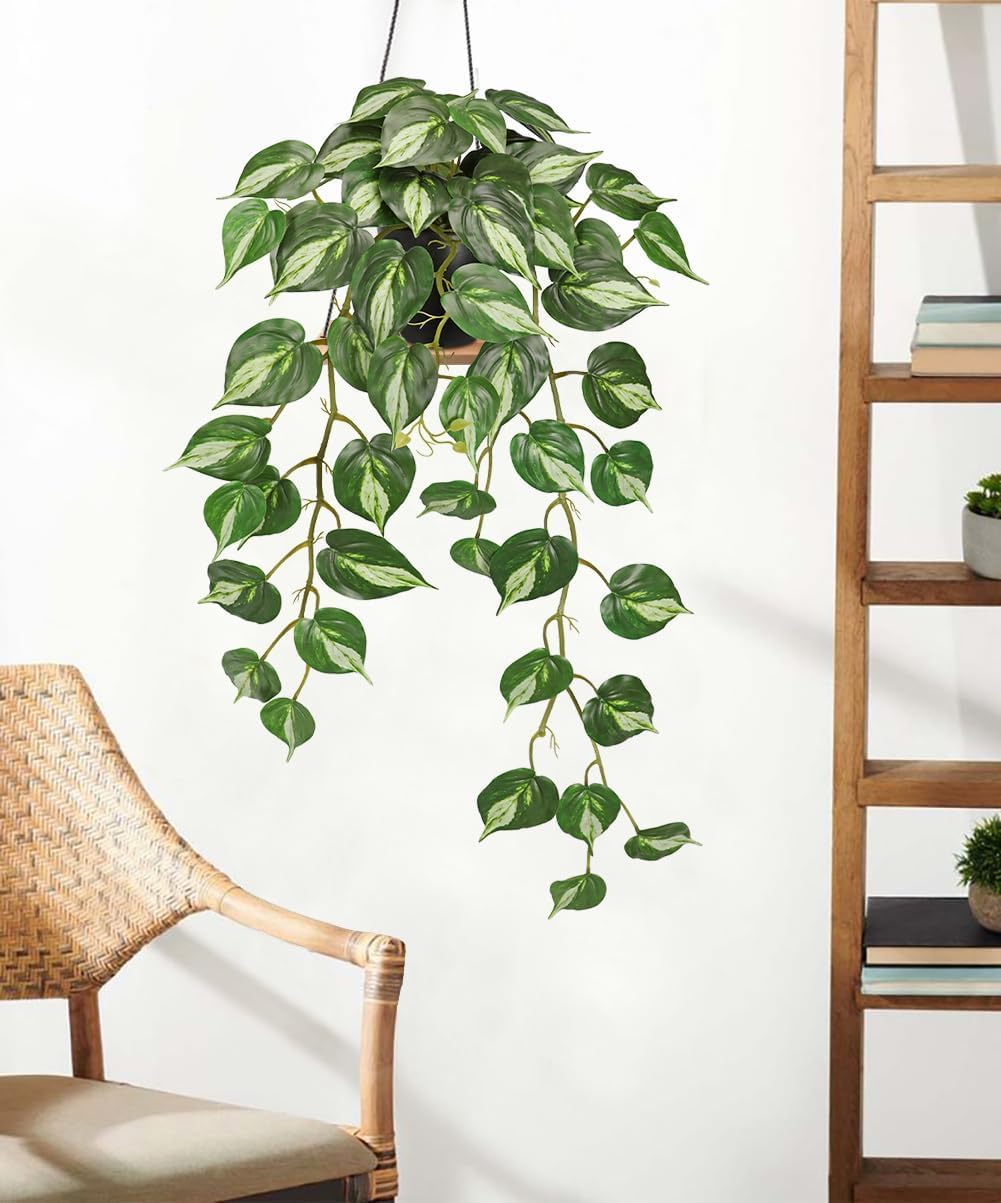 GnFlus Artificial Pothos Fake Ivy Plant with Pot Faux Light Green Leaves Featuring for Home Shelf Decor Indoor Silk Artificial Plant Large