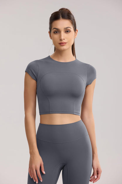 ENERBLOOM Workout Crop Tops for Women Yoga Short Sleeve Mild Support Slim Fit Cropped Athletic Shirts Gym Tee Built in Bra Gray Medium