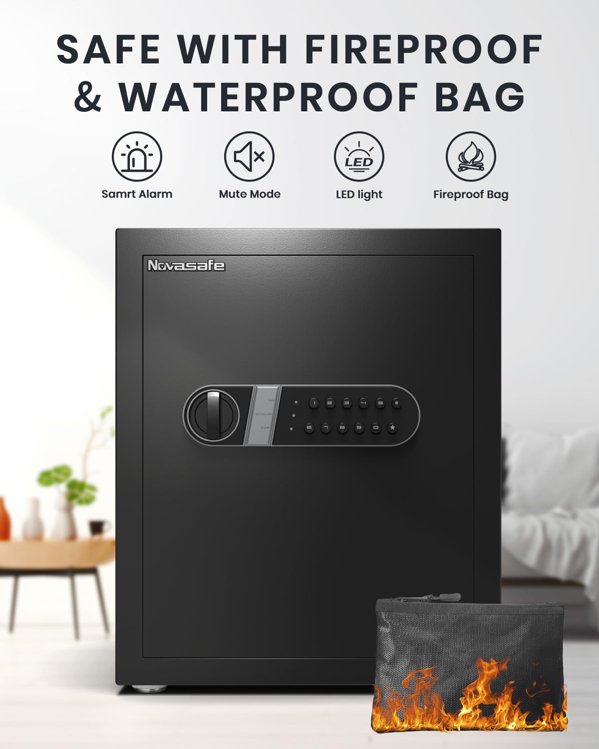 Safe Box, Home Safe with Key & Fireproof Waterproof Bag, Money Safe for Cash Office Cabinet, Anti-Theft Safety Box, Digital Electronic Keypad, Dual Alarm System - 2.0 Cubic Feet