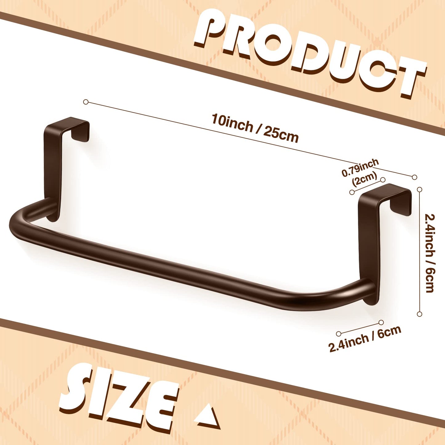 2 Pieces Metal Towel Bar Kitchen Cabinet Steel Towel Rack Bar for Hanging on Inside or Outside of Doors, Home Kitchen Bathroom(Brown)