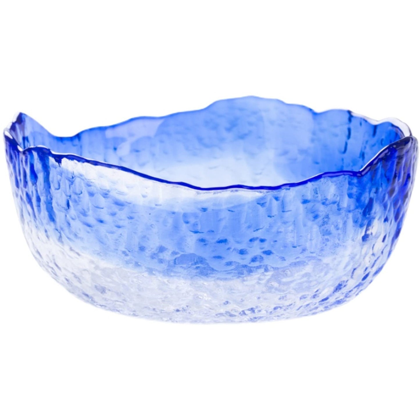 Halyuhn 8 Inch Blue Clear Glass Salad Bowl, 50 OZ Irregular Mixing Bowl with 3 Inch Wall, Decorative Hammered Round Serving Bowl with Wavy Edge for Fruit, Candy Dish, Dining Party, L