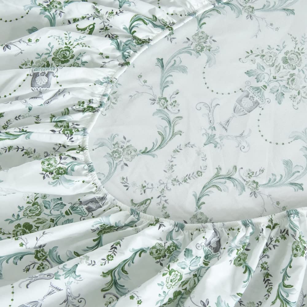 DAUAOTO 100% Cotton Sheets Set Twin Size Printed Bedding Sets, Up to 14" Deep Mattress, Botanical Vines Pattern Bedlinen Set, Green