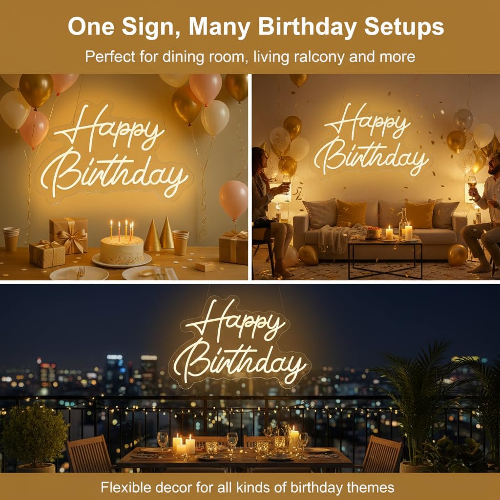 Happy Birthday Neon Sign, 22×16.9 Inch Large Warm White Dimmable LED Light Up Sign, Neon Happy Birthday Banner Backdrop for Party Wall Decor