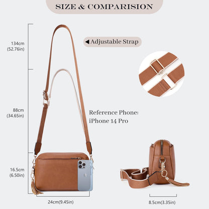 Roulens Triple Zip Small Crossbody Bag for women,Wide Strap Cell Phone Purse Shoulder Handbag Wallet with Credit Card Slots
