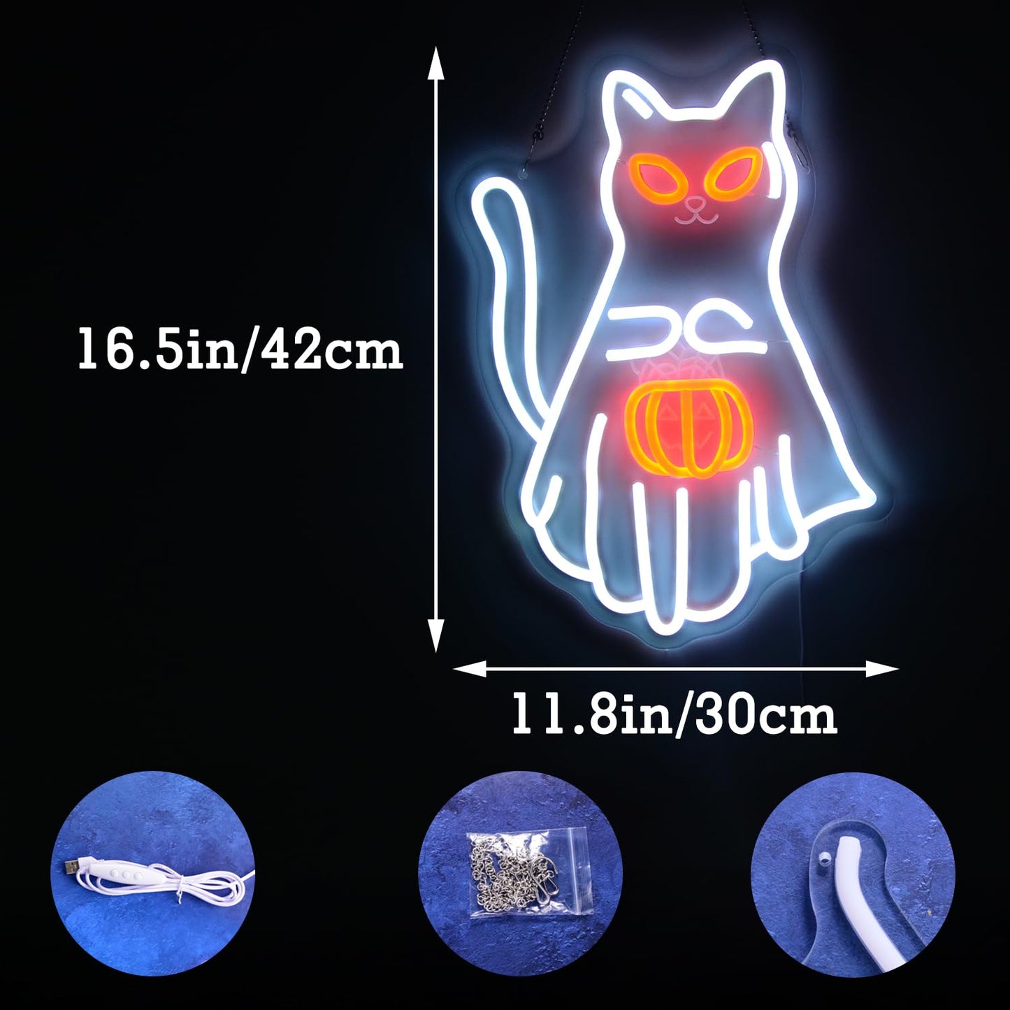 Cat Holding a Jack-o'-lantern Neon Light Sign Halloween Funny White Cat with Pumpkin Light for Trick-or-Treat Party Wall Decor All Saints' Day LED Light up