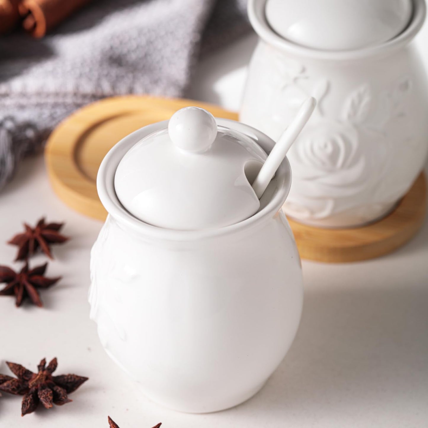 Seasonsplan Hand Drawn Relief ceramics Ceramic Sugar Bowl 2 Pack, PorcelainJar with Tray, Spoon and Lid for Sugar, Pepper, Coffee, Spice, Salt, 8 Ounces (White Relief)
