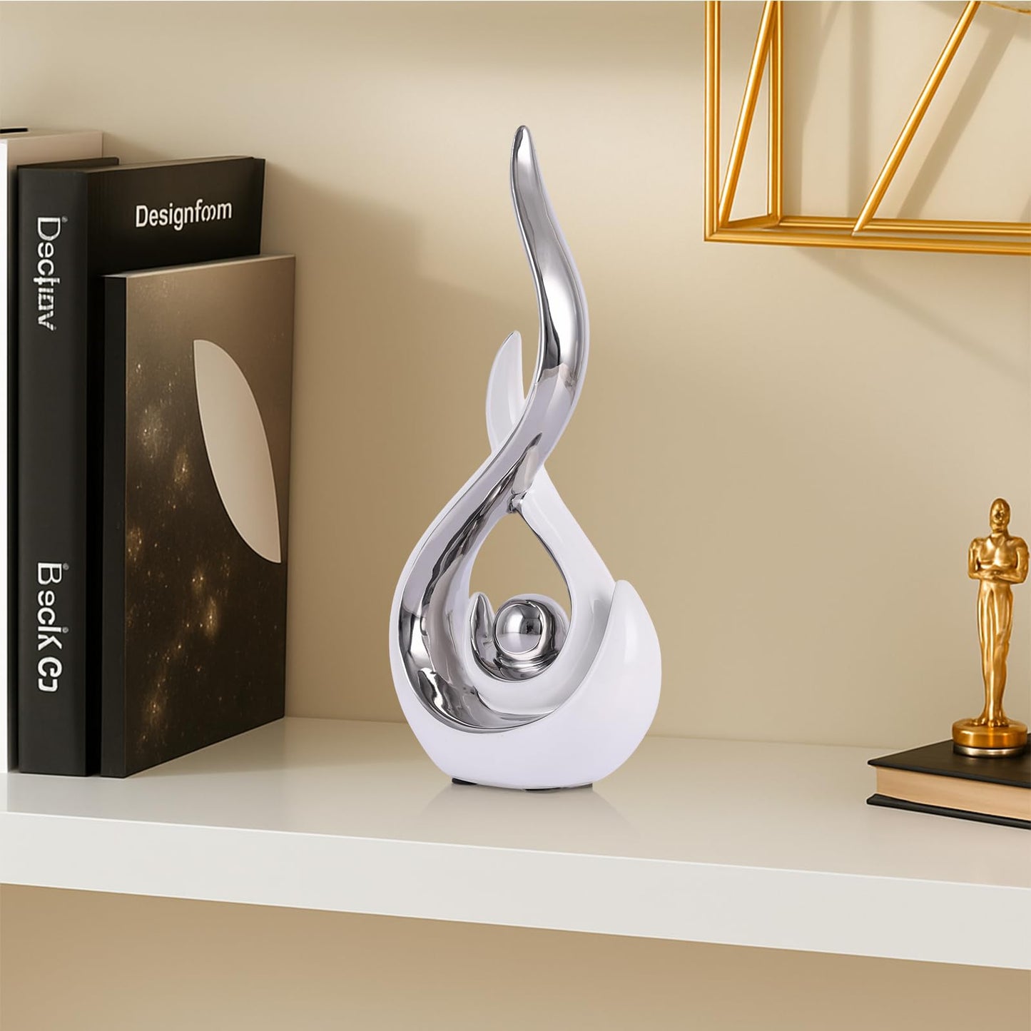 Ceramic Abstract 2 Piece Statue Set, White and Silver Home Decor Accents for Home Decor Statue Mantle Shelf Unique Decor, TV Cabinet Partition Table Top and Dining Table Centerpiece.