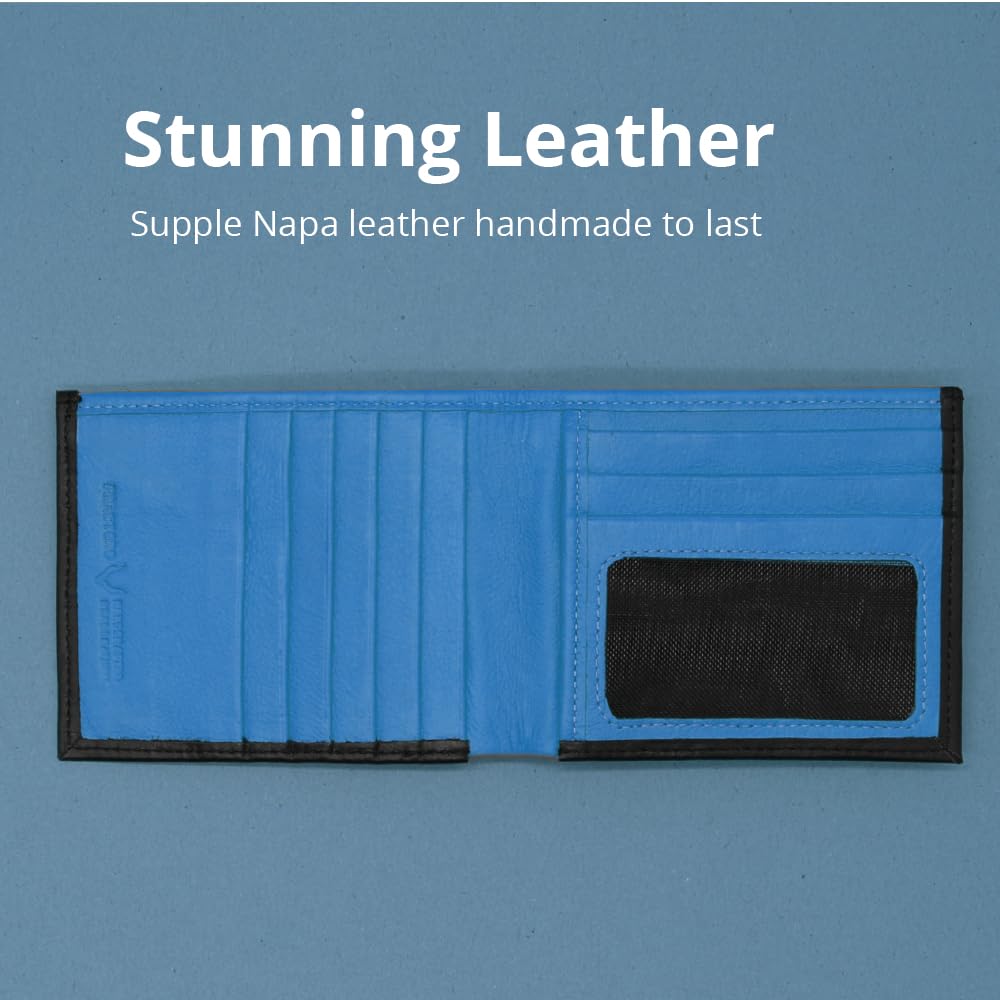 PELLE TORO Handmade Super Slim Men's Wallet, Handmade with Napa Leather, RFID Blocking Wallet, 9 Card Slots & ID Window (Charcoal Black & Aqua Blue)