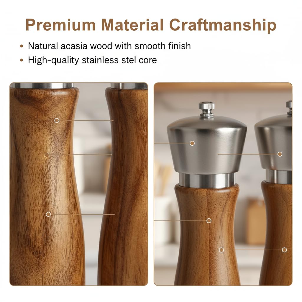Wooden Salt and Pepper Grinder Set,salt grinder refillable,Adjustable Coarseness,Crafted of Solid Acacia Wood with Ceramic/Stainless Steel Core|Along withl Spoon,Tray,8in,2pack,easy to clean