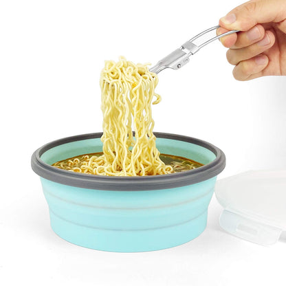 CCyanzi 1200ml Collapsible Camping Bowl Silicone Food Storage Container with Lid and Foldable Stainless Steel Fork Spoon, for Picnic, Travel, Camping, RV, Fridge and Microwave Bowls