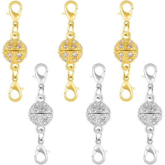 Magnetic Necklace Clasps, 18K Gold and Silver, Crystal Rhinestone Ball Connector with Lobster Clasp, Jewelry Extender for Necklaces, Bracelets (6pcs Golden Silvery)
