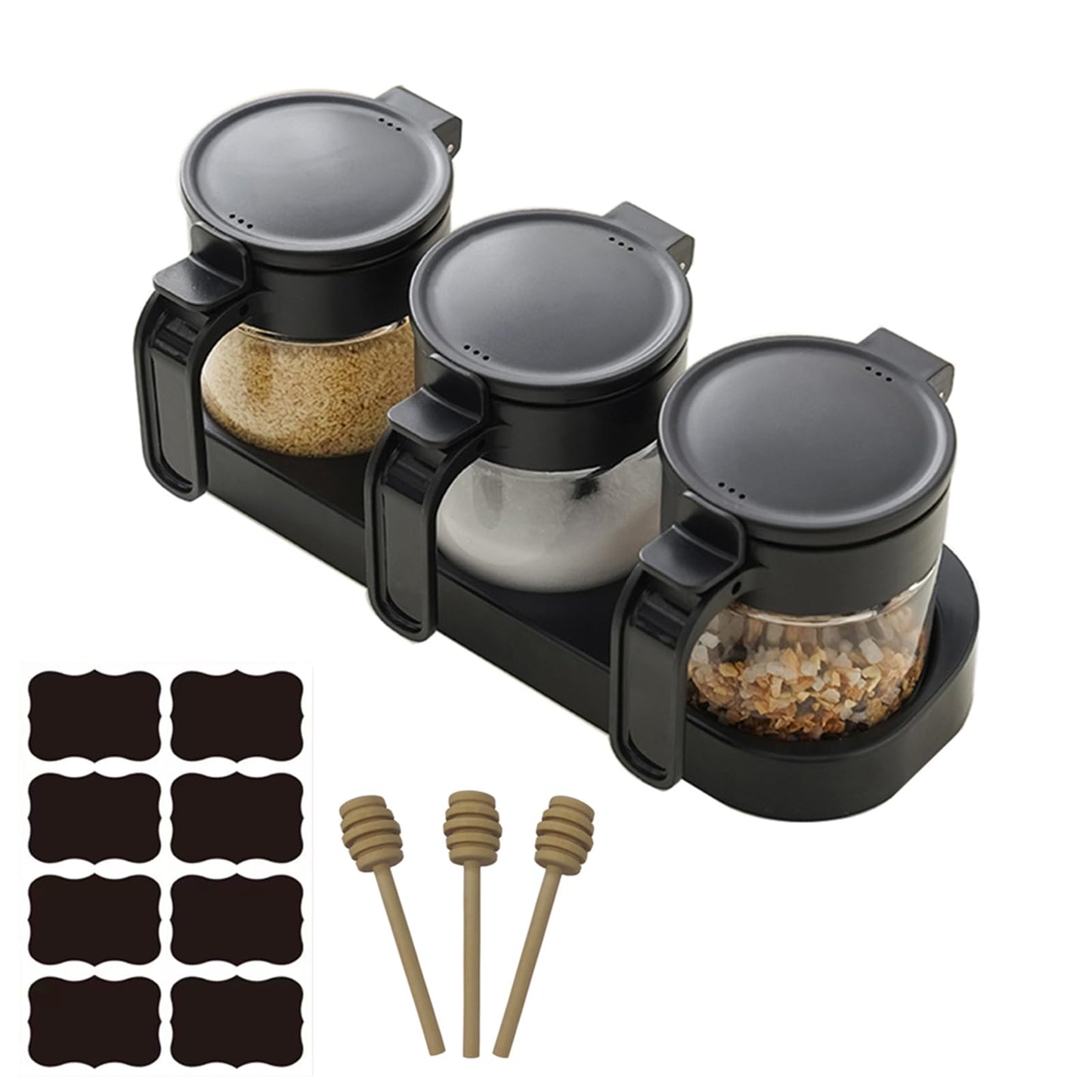 JIMMEAL 3 Pack Airtight Glass Spice Jars with Spoons, Lead-Free Condiment Container Set with Silicone Seal Ring, Honey Dippers, Tray, Labels and Wall Mount Adhesive for Sugar, Salt, Coffee Bar, Black