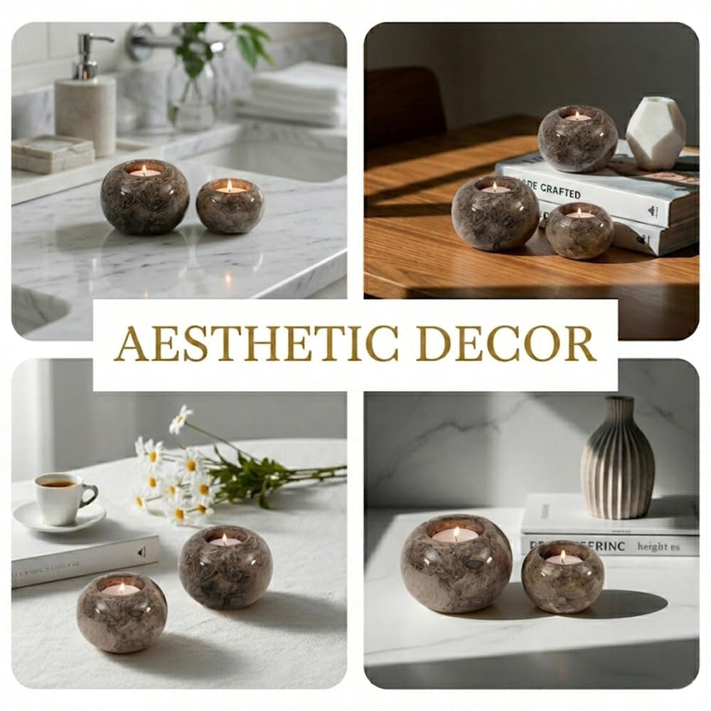 Radicaln Marble Tealight Candle Holder 4" Inch Oceanic Handmade Set of 3 Mini Candle Holders for Dining, Decorative Votive Candle Holder & Marble Taper Holder for Home Decor