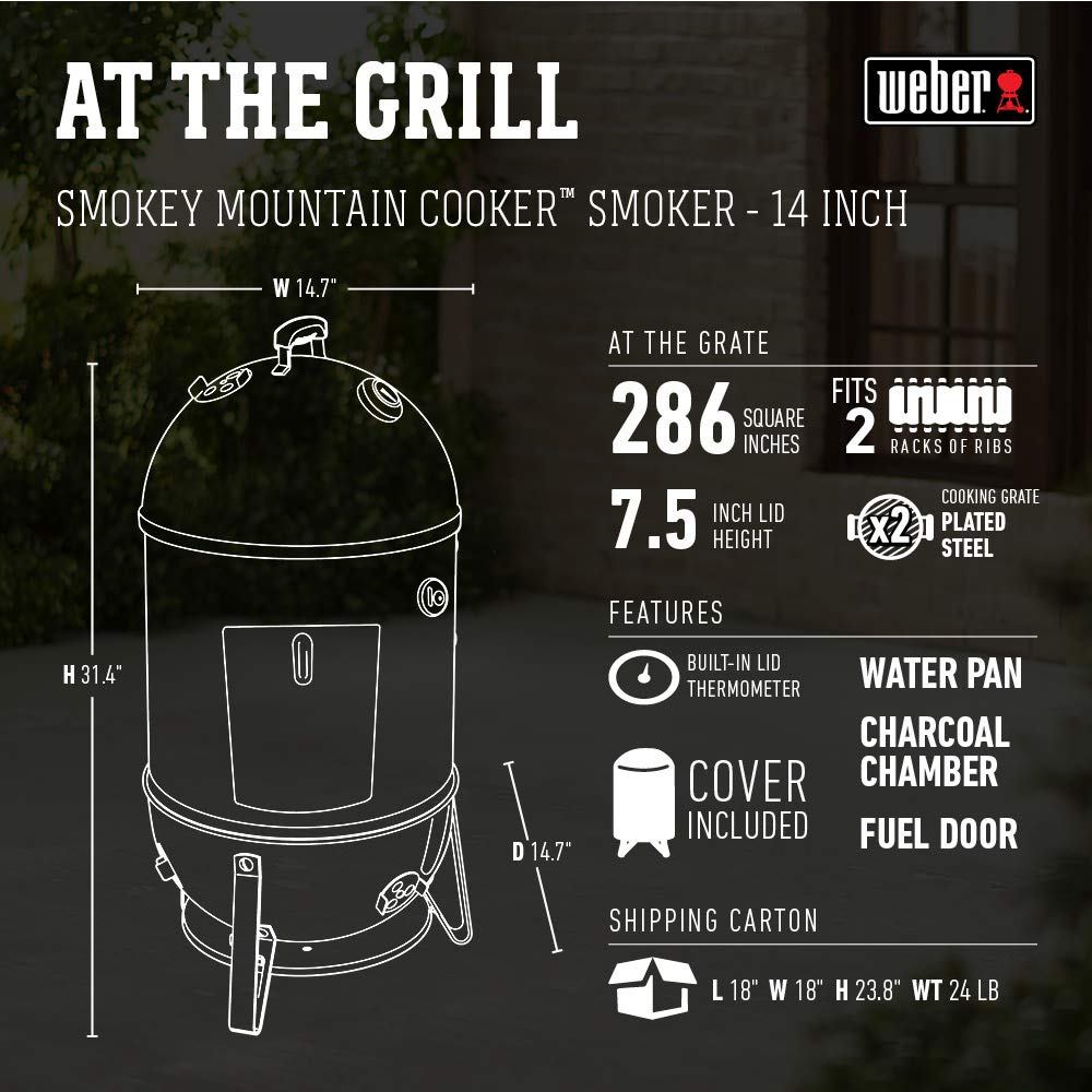 Weber Smokey Mountain Cooker 14-Inch Charcoal Smoker – Outdoor BBQ Smoker with Dual Cooking Grates, Porcelain‑Enameled Kettle & Temperature Control Dampers
