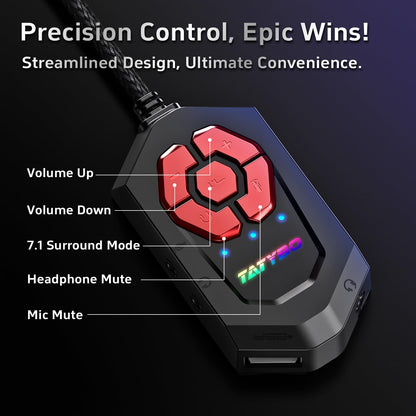 Tatybo PC Gaming Headset with Mic for PS5 PS4 Xbox, USB Headset with 7.1 Surround Sound, Wired 3.5mm Headphones, RGB