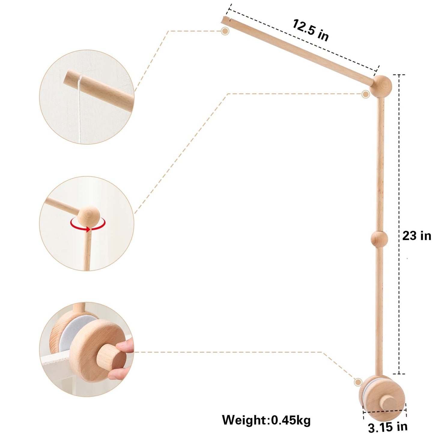 Baby Mobile Crib Holder,Wooden Mount for Mobile Hanging, Baby Crib Attachment for Nursery Decor Mount Bed Bell Holder