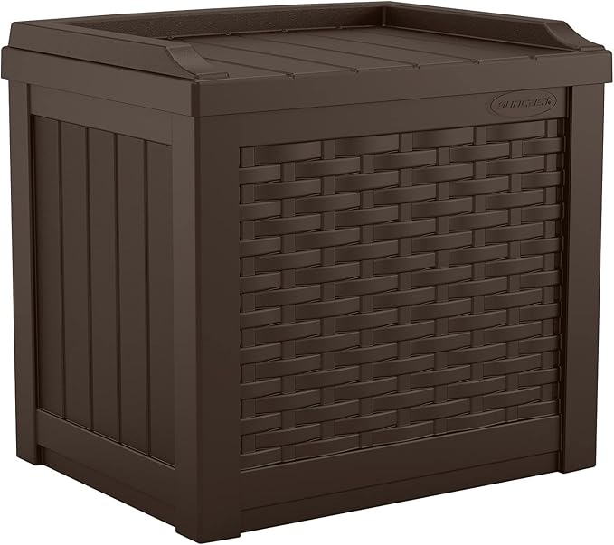 Suncast Outdoor Deck Box - 22 Gallon Java Resin Outdoor Storage Box, Weatherproof Patio Storage Bin Container for Seating & Organizing Cushions, Tools & Towels for Pool, Yard, & Garden