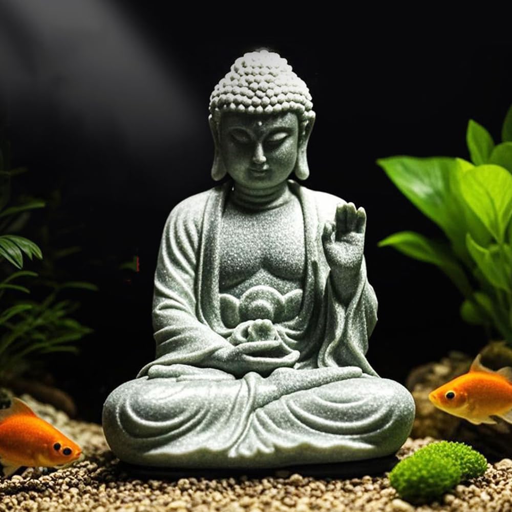 livelyfish Meditating Buddha Statue Natural Sandstone Buda Sculptures for Fish Tank Aquarium Decorations Home Zen Garden Bonsai Ornament Decor, Gifts (Fearless-Small)