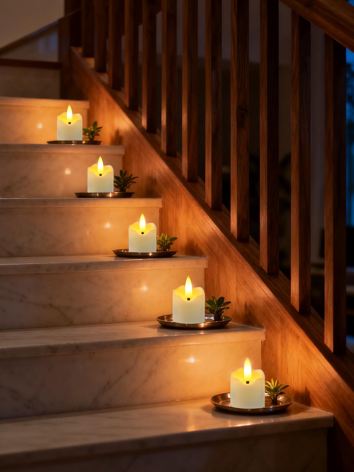 Rechargeable Flameless Tea Light Candles with Timer Remote, 1.5"x2.2" Electric Fake Flickering Votive Candles for Anniversary Wedding Centerpiece Table Decor Funeral Halloween Christmas, ivory, 6 Pack