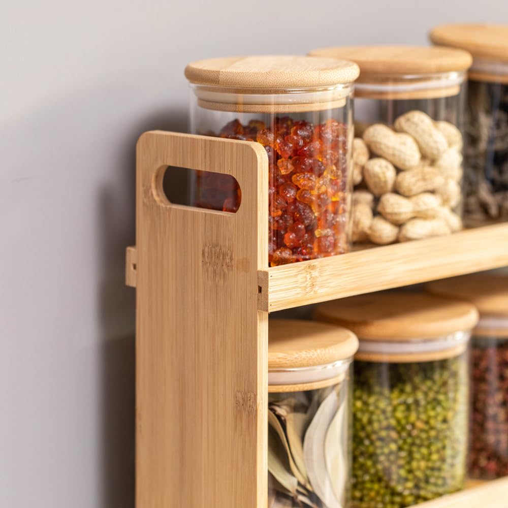 Basicwise Versatile 3-Tier Bamboo Spice Rack and Pantry Organizer with 12 Glass Jars – Perfect for Countertop Storage in Kitchens to Keep Seasoning Containers Neatly Displayed and Easily Accessible