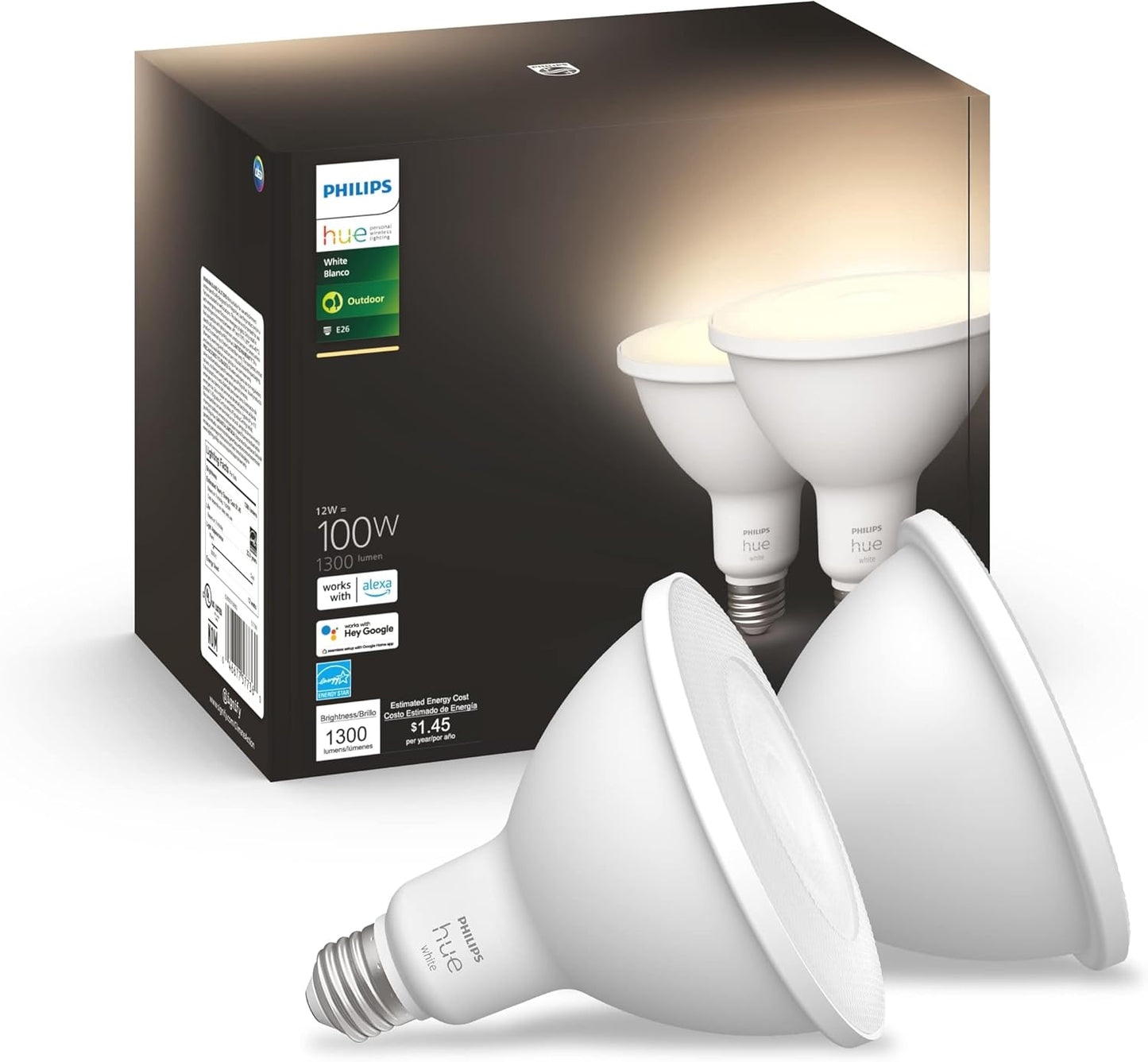 PHILIPS Hue Smart 100W PAR38 LED Bulb, 2 Pack, White & Color Ambiance Color-Changing Light, 1300LM, E26, Outdoor Light Bulbs, Control with Hue App, Works with Alexa, Google Assistant and Apple Homekit