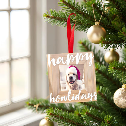 Pearhead Happy Howlidays Wooden Christmas Photo Ornament, Rustic Dog Picture Frame Christmas Tree Keepsake