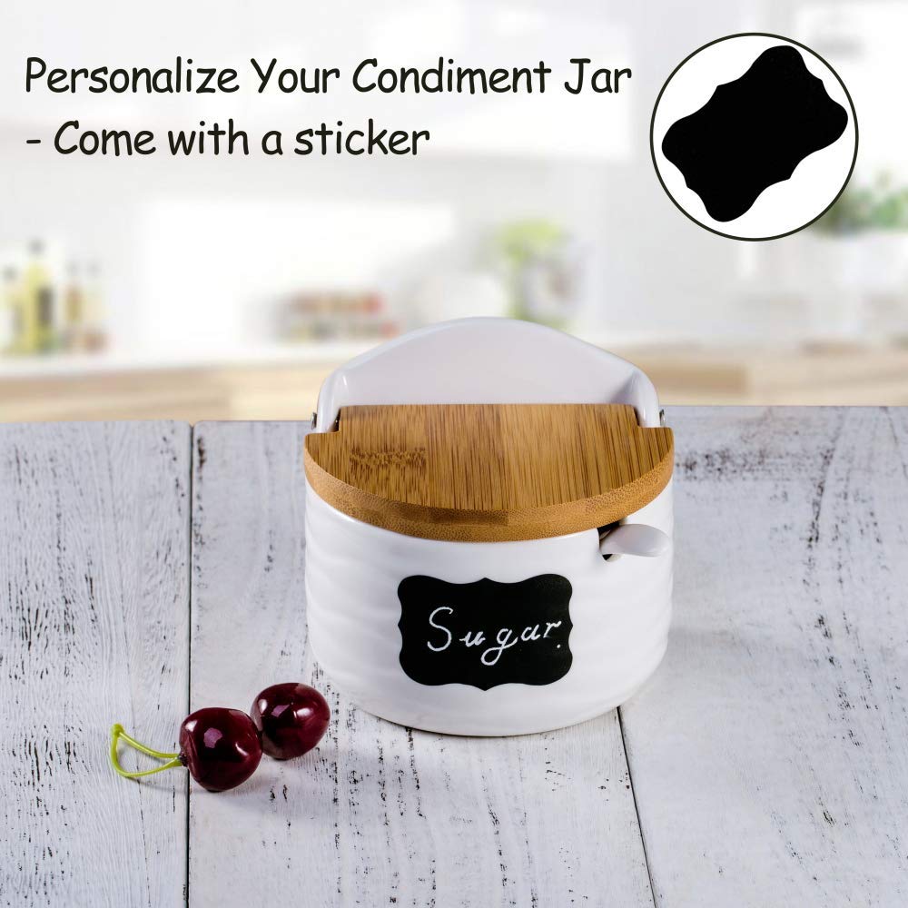 Ceramic Sugar Salt Bowl with Bamboo Lid and Spoon, LUCKY GODDNESS 9.1 fl oz Porcelain Container Jar for Pepper with Chalkboard Label, for Housewarming