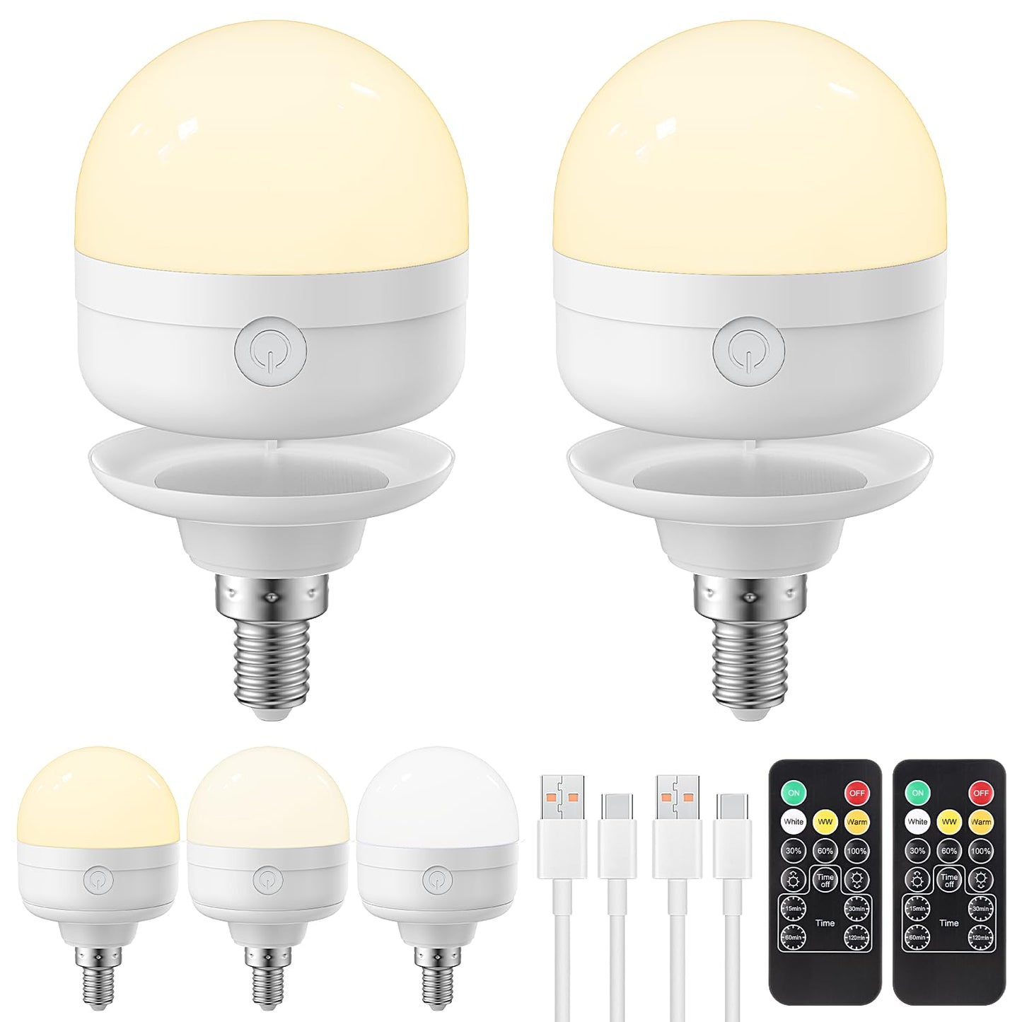 LGMCF Rechargeable Light Bulb, E14 Dimmable Light Bulb with Magnetic Base Detachable, 3 Color 6W Portable Battery Operated Bulbs with Remote Control & Timer for Non Hardwired Lamps, Emergency, 2 Pack